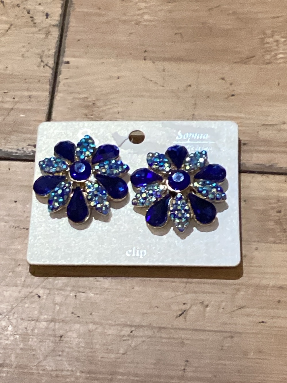 Blue Crystal Floral Clip-On‎ Earrings -